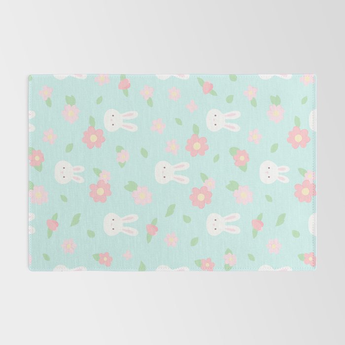 Cute rabbit bunny animal with spring flowers Rug Gallery Image 2