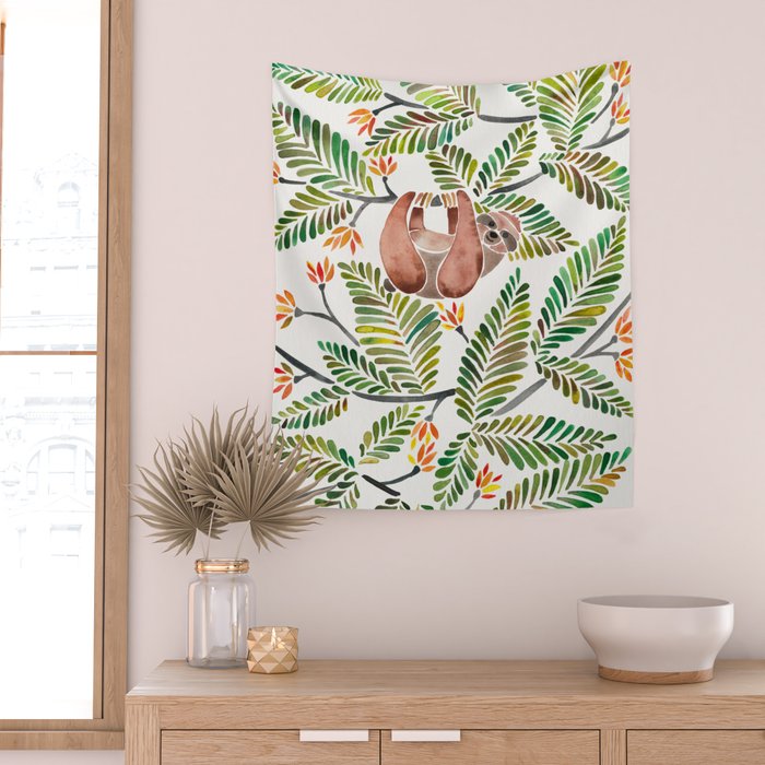 Happy Sloth - Tropical Green Rainforest Wall Tapestry Gallery Image 2