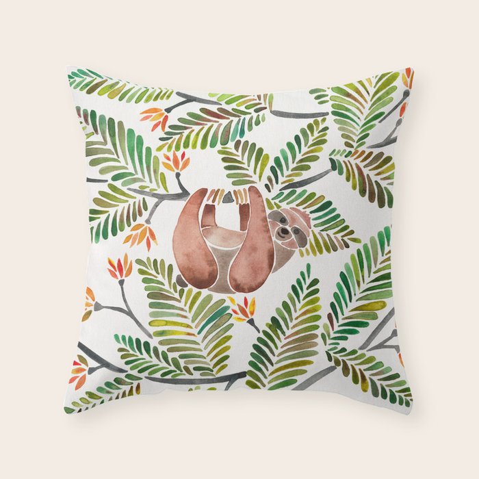 Happy Sloth - Tropical Green Rainforest Throw Pillow Gallery Image 6