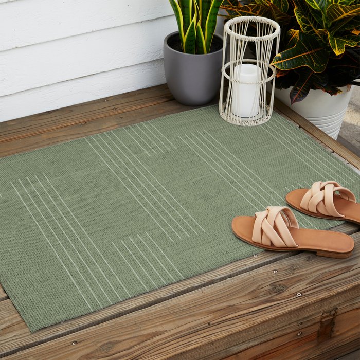 Minimal, Fine Stripe, Pattern, in Green Outdoor Rug Gallery Image 2
