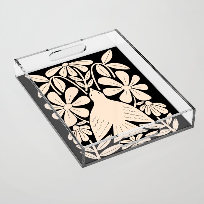 Freedom - Bird and Flower - Black and White  Acrylic Tray Gallery Image 1