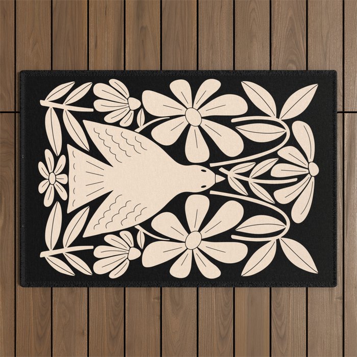 Freedom - Bird and Flower - Black and White  Outdoor Rug Gallery Image 1