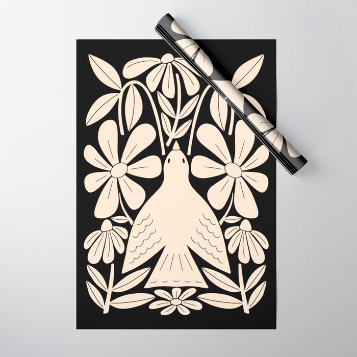 Freedom - Bird and Flower - Black and White  Wrapping Paper Gallery Image 1