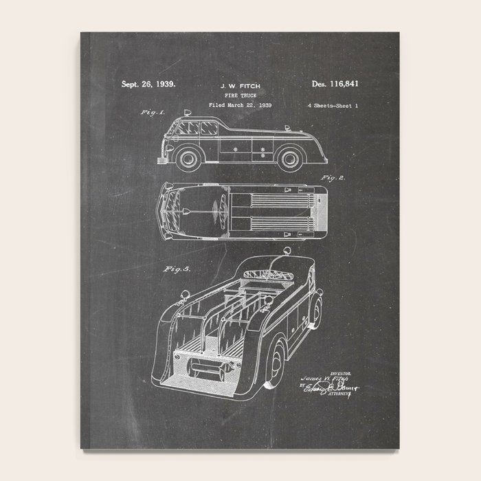 Fire Truck Patent - Fireman Art - Black Chalkboard Notebook Gallery Image 4
