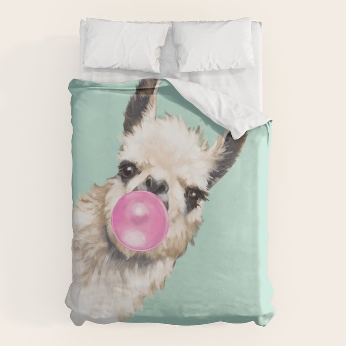 Bubble Gum Sneaky Llama in Green Duvet Cover Gallery Image 1