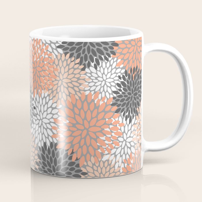 Floral Pattern, Coral, Gray, White Coffee Mug Gallery Image 1