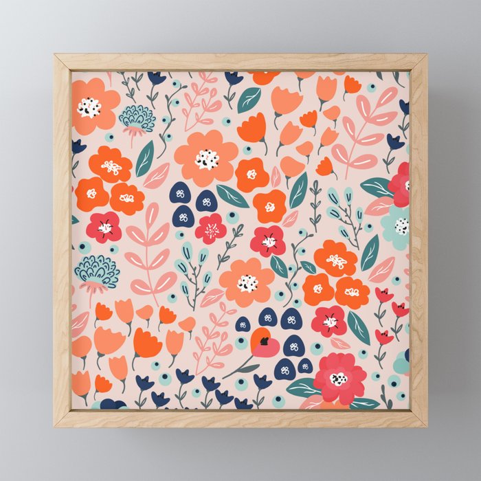 Ditsy Florals, Pink, Orange, Teal, Navy Mini Art Print