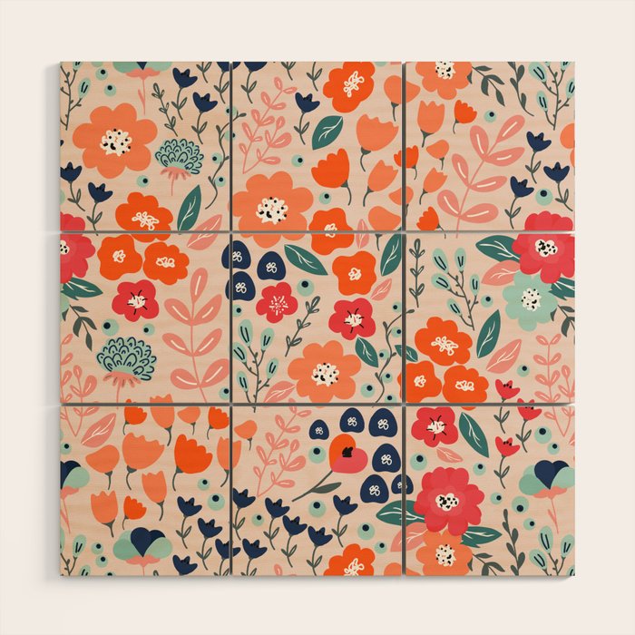 Ditsy Florals, Pink, Orange, Teal, Navy Wood Wall Art Gallery Image 1