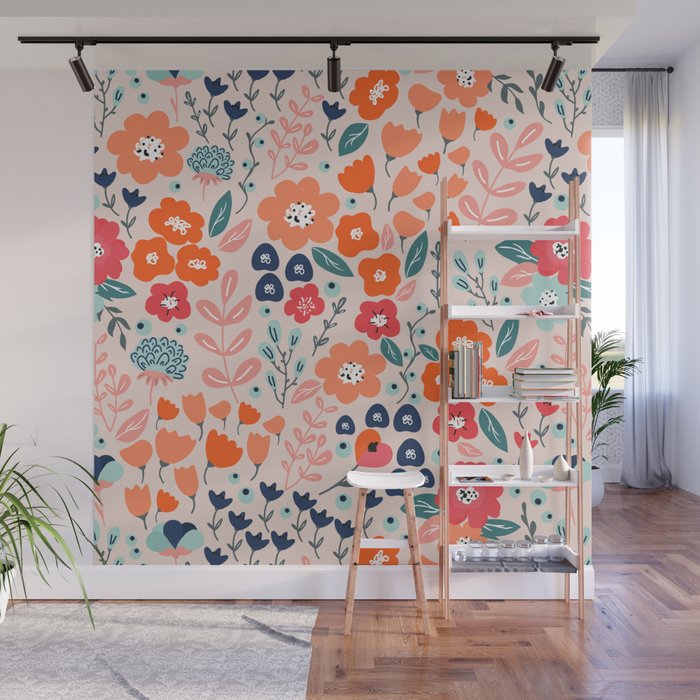Ditsy Florals, Pink, Orange, Teal, Navy Wall Mural Gallery Image 1
