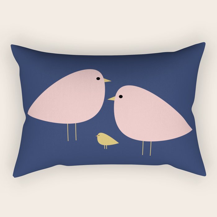 Bird Family in Pink, Navy Blue, and Mustard -  Minimalist Scandinavian Mid-Century Modern Design Rectangular Pillow Gallery Image 1