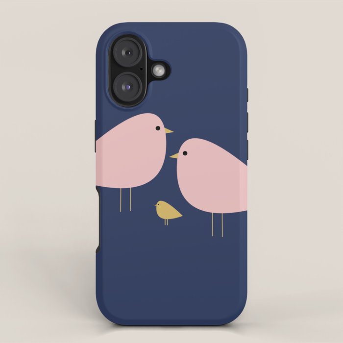 Bird Family in Pink, Navy Blue, and Mustard -  Minimalist Scandinavian Mid-Century Modern Design iPhone Case Gallery Image 1