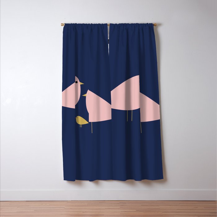Bird Family in Pink, Navy Blue, and Mustard -  Minimalist Scandinavian Mid-Century Modern Design Window Curtain Gallery Image 3