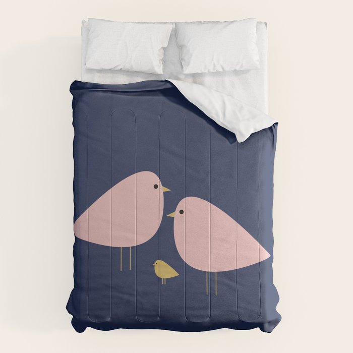 Bird Family in Pink, Navy Blue, and Mustard -  Minimalist Scandinavian Mid-Century Modern Design Comforter Gallery Image 1