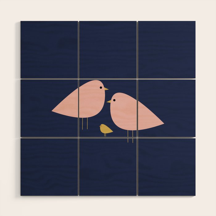 Bird Family in Pink, Navy Blue, and Mustard -  Minimalist Scandinavian Mid-Century Modern Design Wood Wall Art Gallery Image 1