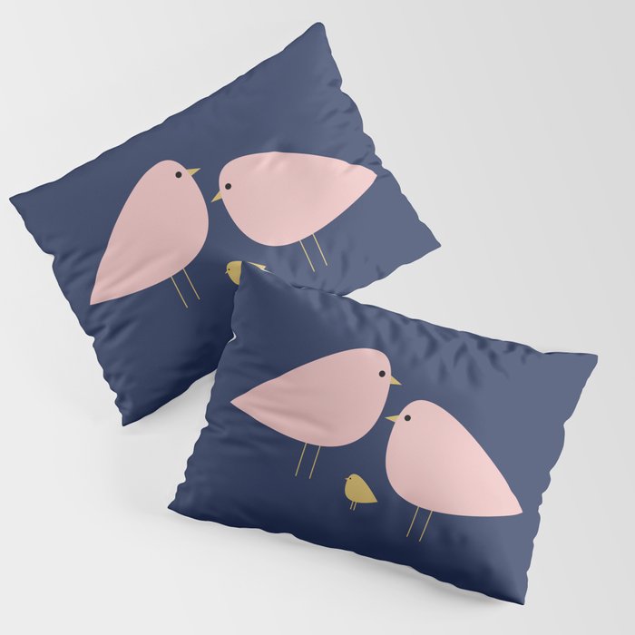 Bird Family in Pink, Navy Blue, and Mustard -  Minimalist Scandinavian Mid-Century Modern Design Pillow Sham Gallery Image 1