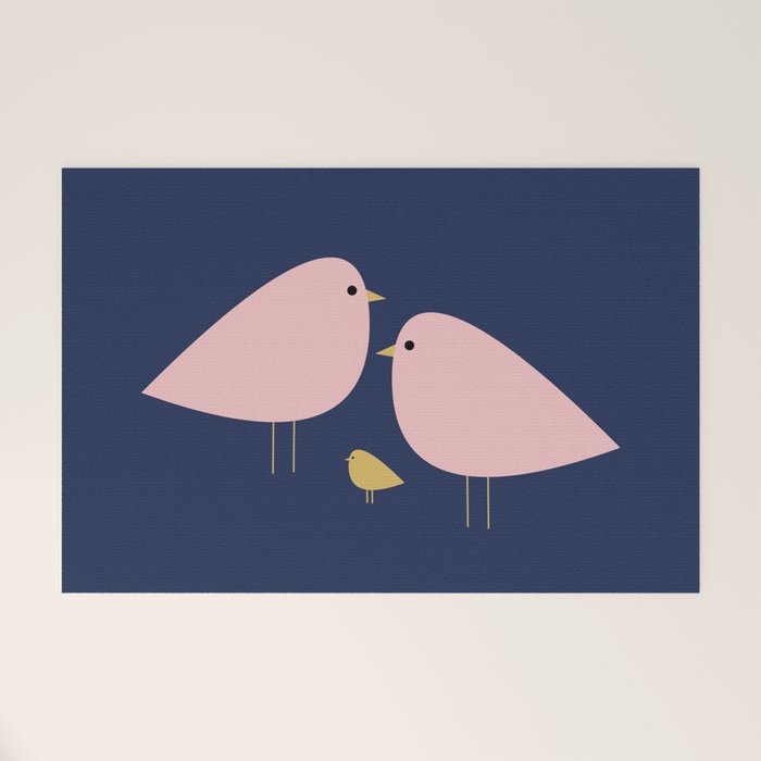 Bird Family in Pink, Navy Blue, and Mustard -  Minimalist Scandinavian Mid-Century Modern Design Welcome Mat Gallery Image 1