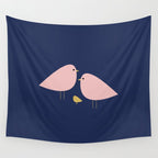 Bird Family in Pink, Navy Blue, and Mustard -  Minimalist Scandinavian Mid-Century Modern Design Wall Tapestry Gallery Image 4