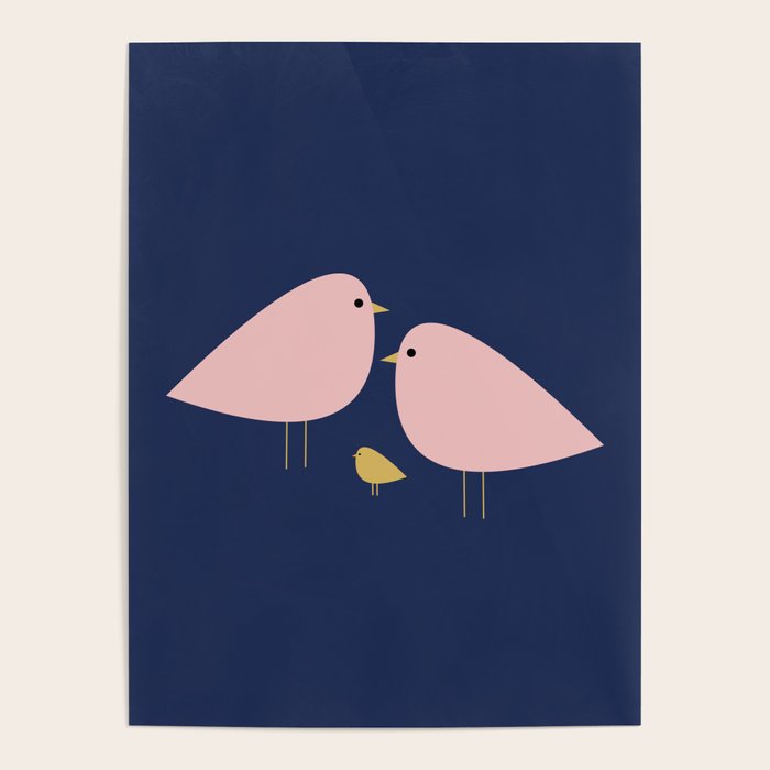 Bird Family in Pink, Navy Blue, and Mustard -  Minimalist Scandinavian Mid-Century Modern Design Poster Gallery Image 4