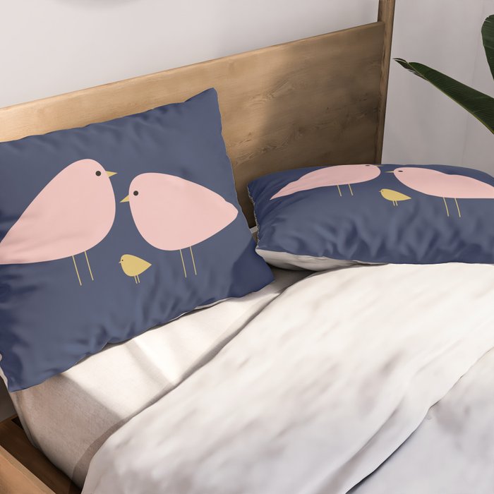 Bird Family in Pink, Navy Blue, and Mustard -  Minimalist Scandinavian Mid-Century Modern Design Pillow Sham Gallery Image 2