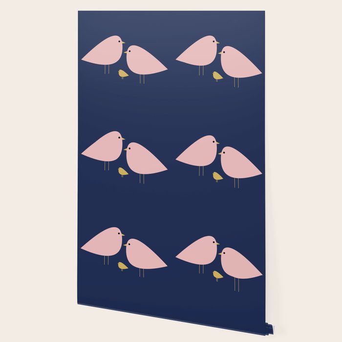 Bird Family in Pink, Navy Blue, and Mustard -  Minimalist Scandinavian Mid-Century Modern Design Wallpaper Gallery Image 2
