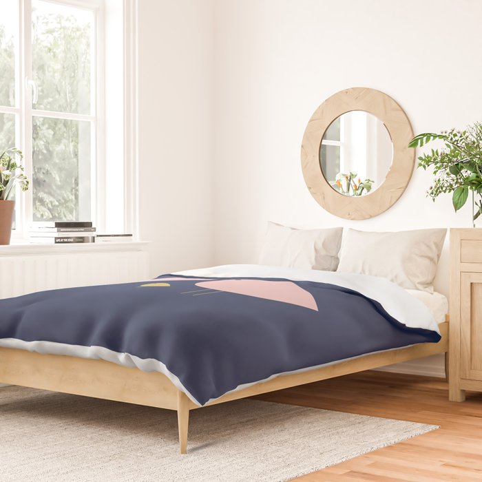 Bird Family in Pink, Navy Blue, and Mustard -  Minimalist Scandinavian Mid-Century Modern Design Duvet Cover Gallery Image 2