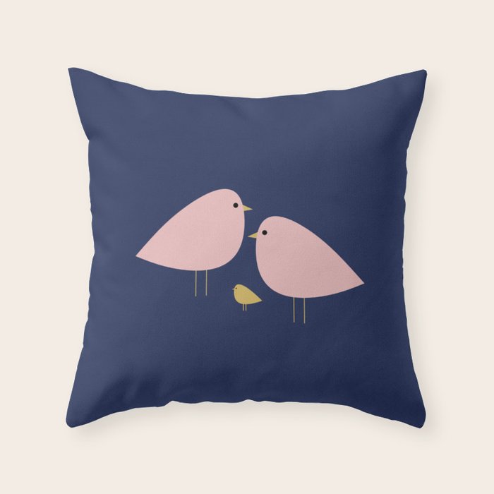Bird Family in Pink, Navy Blue, and Mustard -  Minimalist Scandinavian Mid-Century Modern Design Throw Pillow Gallery Image 6