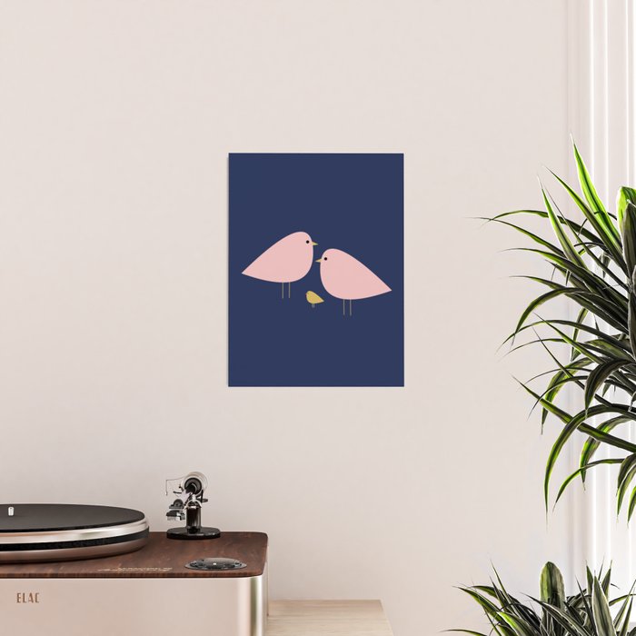 Bird Family in Pink, Navy Blue, and Mustard -  Minimalist Scandinavian Mid-Century Modern Design Poster Gallery Image 2