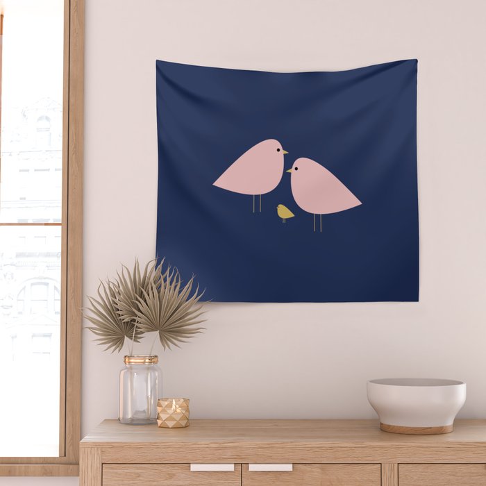 Bird Family in Pink, Navy Blue, and Mustard -  Minimalist Scandinavian Mid-Century Modern Design Wall Tapestry Gallery Image 2