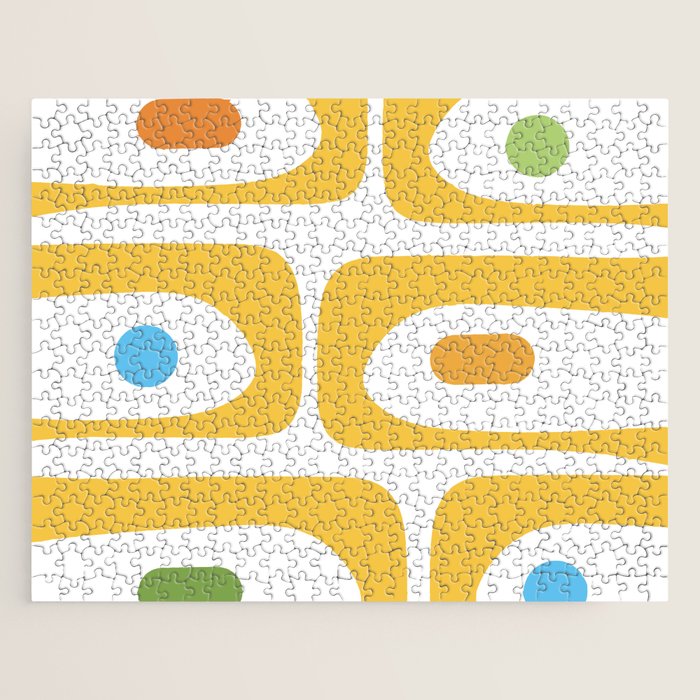 Mid Century Modern Piquet Abstract Pattern Retro Yellow Blue Green White Jigsaw Puzzle Gallery Image 1