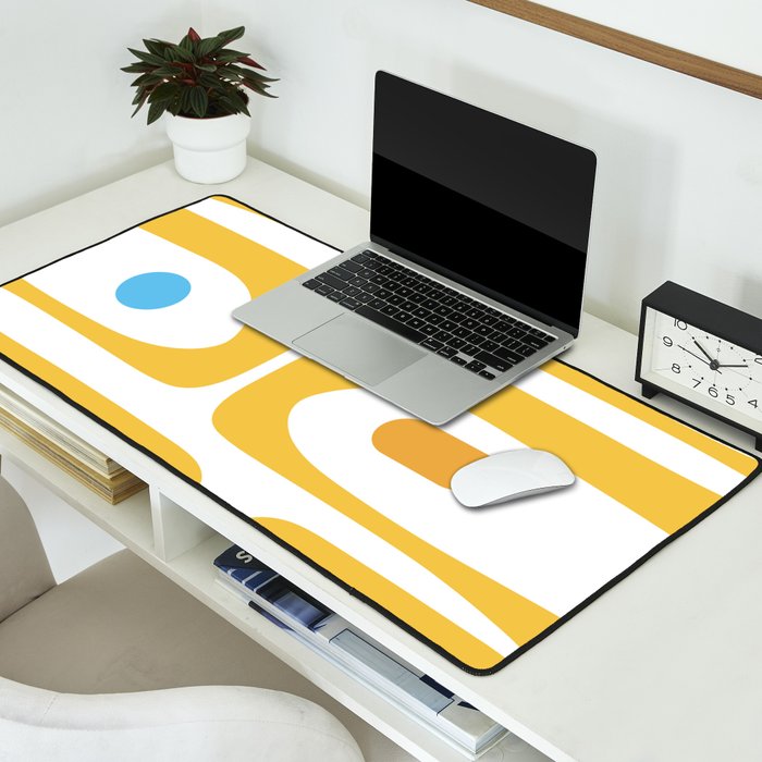 Mid Century Modern Piquet Abstract Pattern Retro Yellow Blue Green White Desk Mat Gallery Image 2