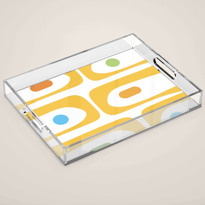 Mid Century Modern Piquet Abstract Pattern Retro Yellow Blue Green White Acrylic Tray Gallery Image 1
