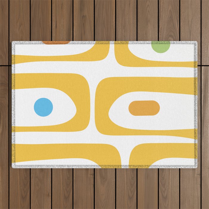 Mid Century Modern Piquet Abstract Pattern Retro Yellow Blue Green White Outdoor Rug Gallery Image 1