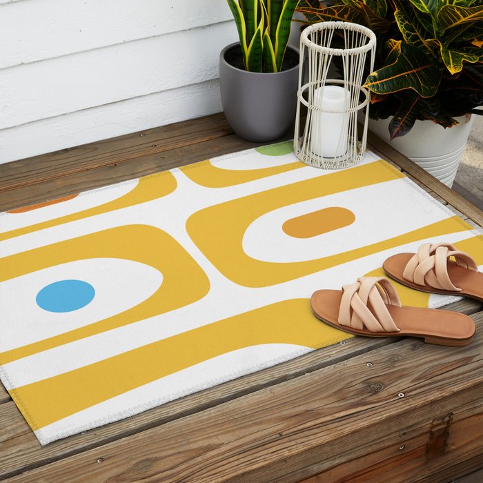 Mid Century Modern Piquet Abstract Pattern Retro Yellow Blue Green White Outdoor Rug Gallery Image 2