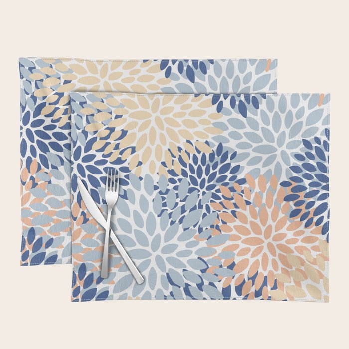 Festive, Floral Print, Coral, Peach, Light Blue, Navy Placemat Gallery Image 1