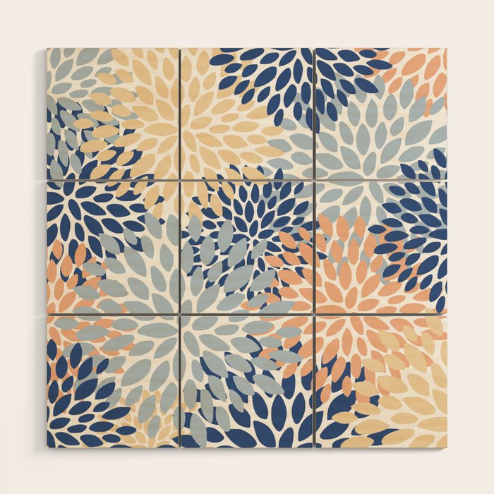 Festive, Floral Print, Coral, Peach, Light Blue, Navy Wood Wall Art Gallery Image 1