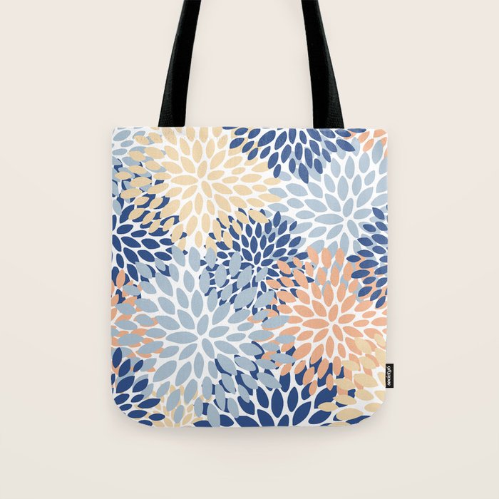 Festive, Floral Print, Coral, Peach, Light Blue, Navy Tote Bag Gallery Image 1