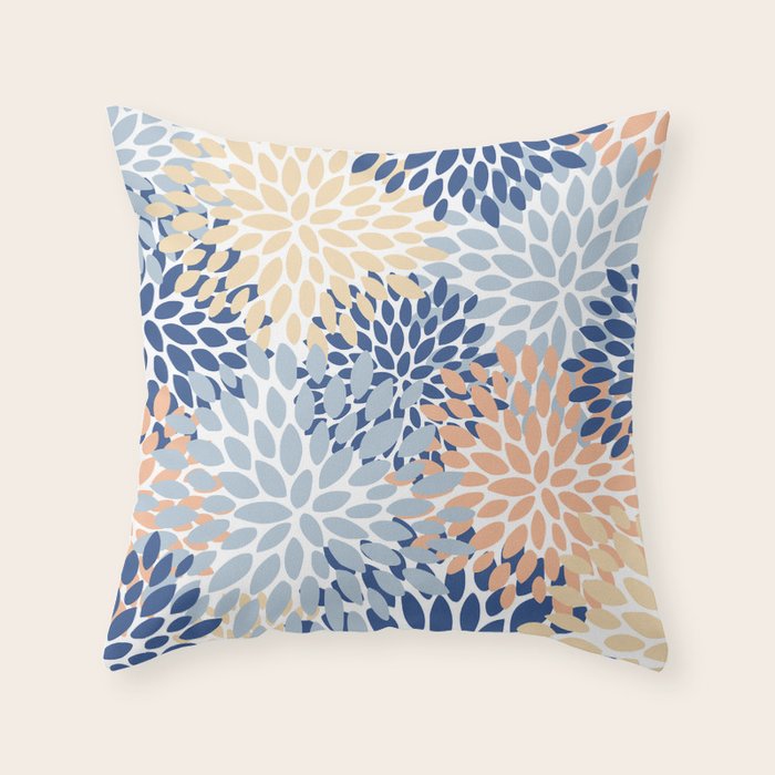 Festive, Floral Print, Coral, Peach, Light Blue, Navy Throw Pillow Gallery Image 1