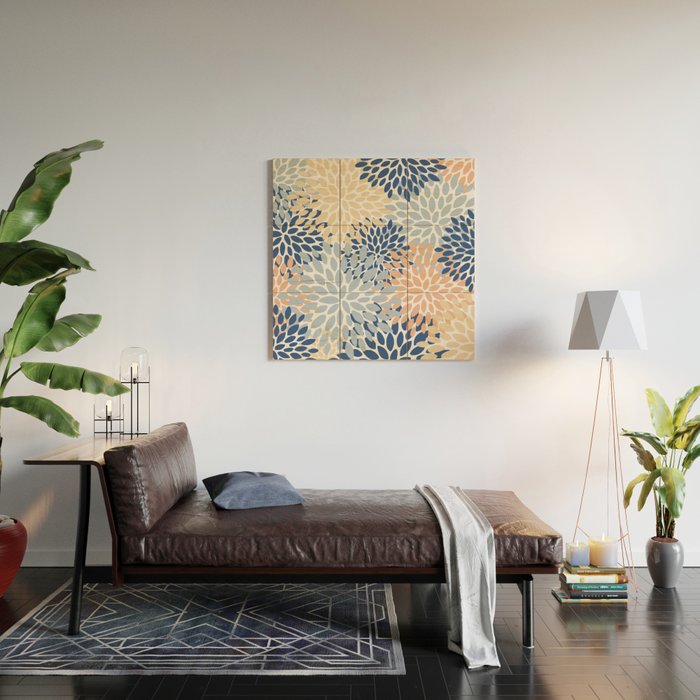 Festive, Floral Print, Coral, Peach, Light Blue, Navy Wood Wall Art Gallery Image 2
