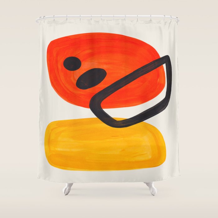 Colorful Mid Century Modern Abstract Fun Shapes Patterns Space Age Orange Yellow Orbit Bubbles Shower Curtain Gallery Image 1