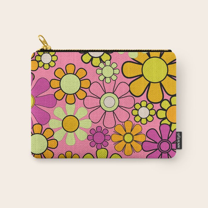 Groovy Floral Retro Garden 60s 70s Flower Pattern Pink Orange Yellow Carry All Pouch Gallery Image 1