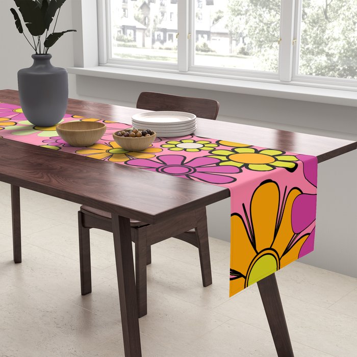 Groovy Floral Retro Garden 60s 70s Flower Pattern Pink Orange Yellow Table Runner Gallery Image 2