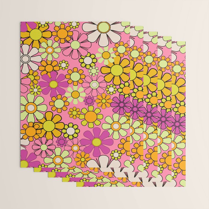 Groovy Floral Retro Garden 60s 70s Flower Pattern Pink Orange Yellow Wrapping Paper Gallery Image 3