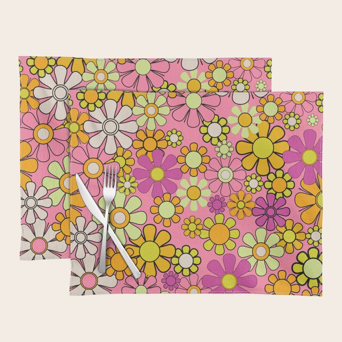 Groovy Floral Retro Garden 60s 70s Flower Pattern Pink Orange Yellow Placemat Gallery Image 1