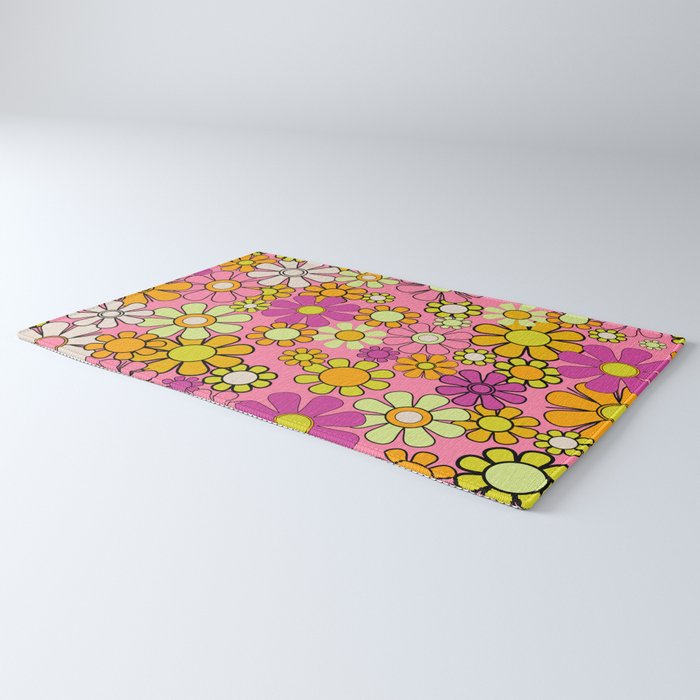 Groovy Floral Retro Garden 60s 70s Flower Pattern Pink Orange Yellow Rug Gallery Image 3