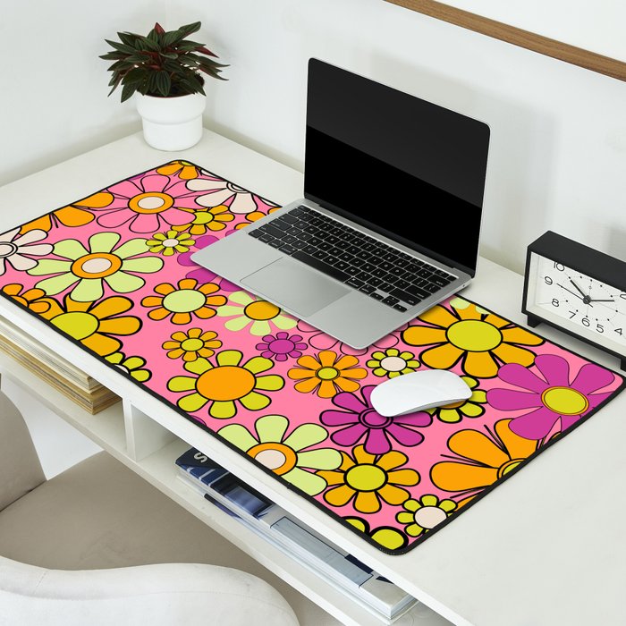 Groovy Floral Retro Garden 60s 70s Flower Pattern Pink Orange Yellow Desk Mat Gallery Image 2
