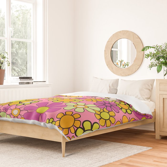Groovy Floral Retro Garden 60s 70s Flower Pattern Pink Orange Yellow Duvet Cover Gallery Image 2