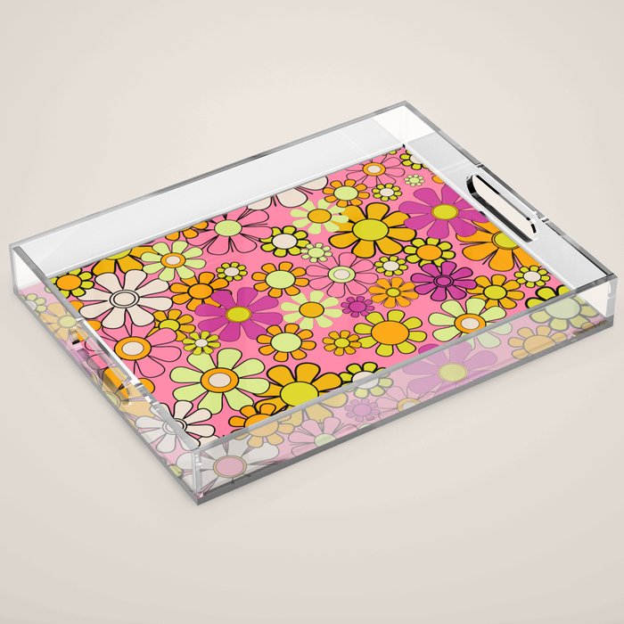 Groovy Floral Retro Garden 60s 70s Flower Pattern Pink Orange Yellow Acrylic Tray Gallery Image 1