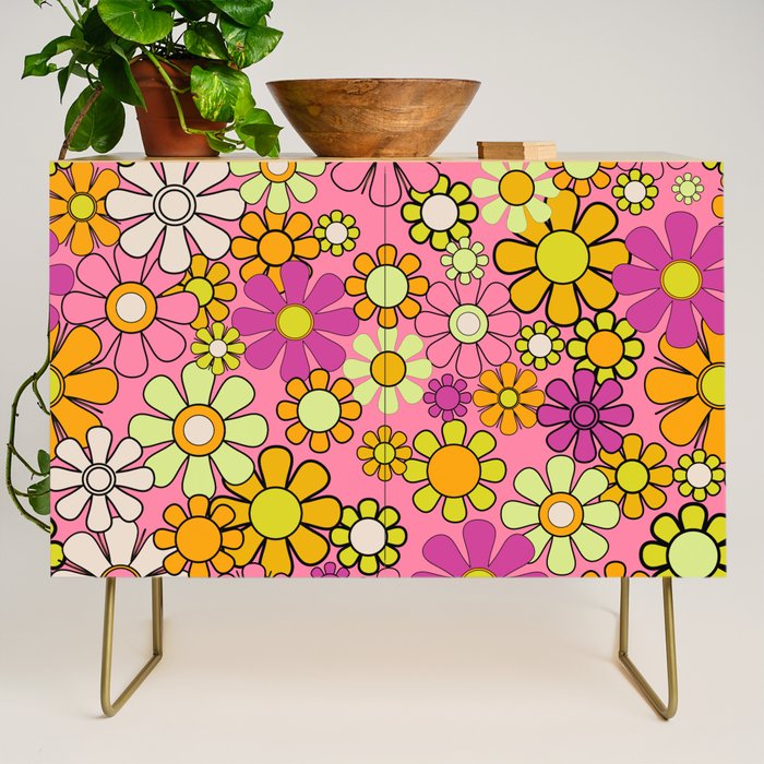 Groovy Floral Retro Garden 60s 70s Flower Pattern Pink Orange Yellow Credenza Gallery Image 1