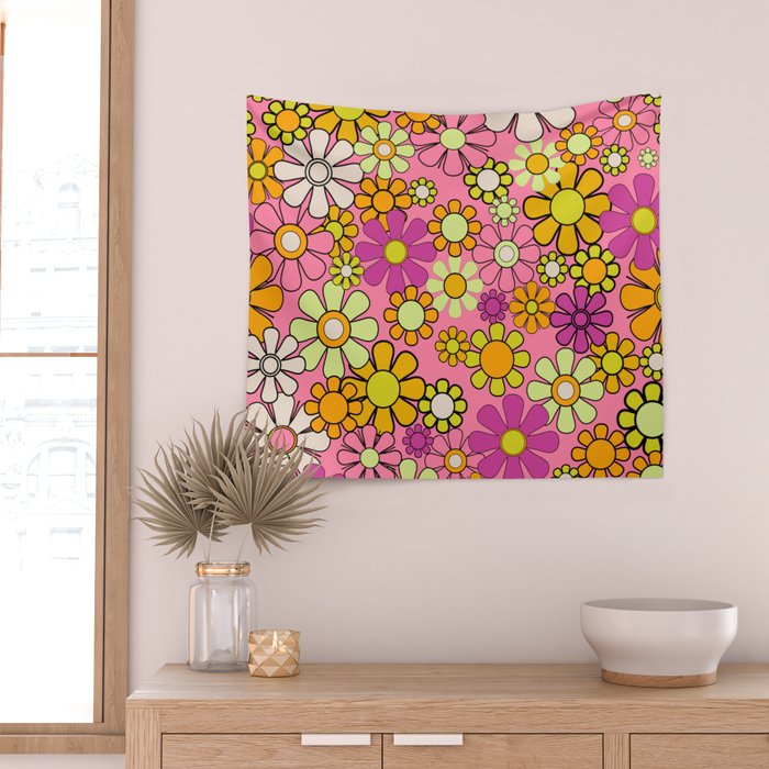 Groovy Floral Retro Garden 60s 70s Flower Pattern Pink Orange Yellow Wall Tapestry Gallery Image 2
