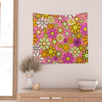 Groovy Floral Retro Garden 60s 70s Flower Pattern Pink Orange Yellow Wall Tapestry Gallery Image 2